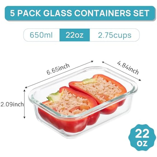 Vtopmart 5Pack 22oz Glass Storage Containers with Lids, Glass Meal Prep Food Container Sets with Snap Airtight Lids for Microwave, Oven, Freezer and Dishwasher, Grey
