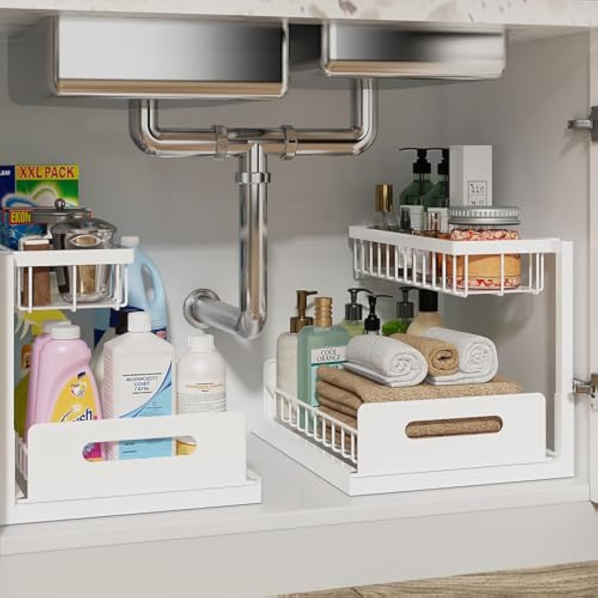 REALINN Under Sink Organizer, Pull Out Cabinet Organizer, 2 Tier Metal Slide Out Shelf with L Shaped Design, Under Cabinet Storage for Kitchen, Bathroom, Laundry, Deep Cabinet Shelf Storage, White