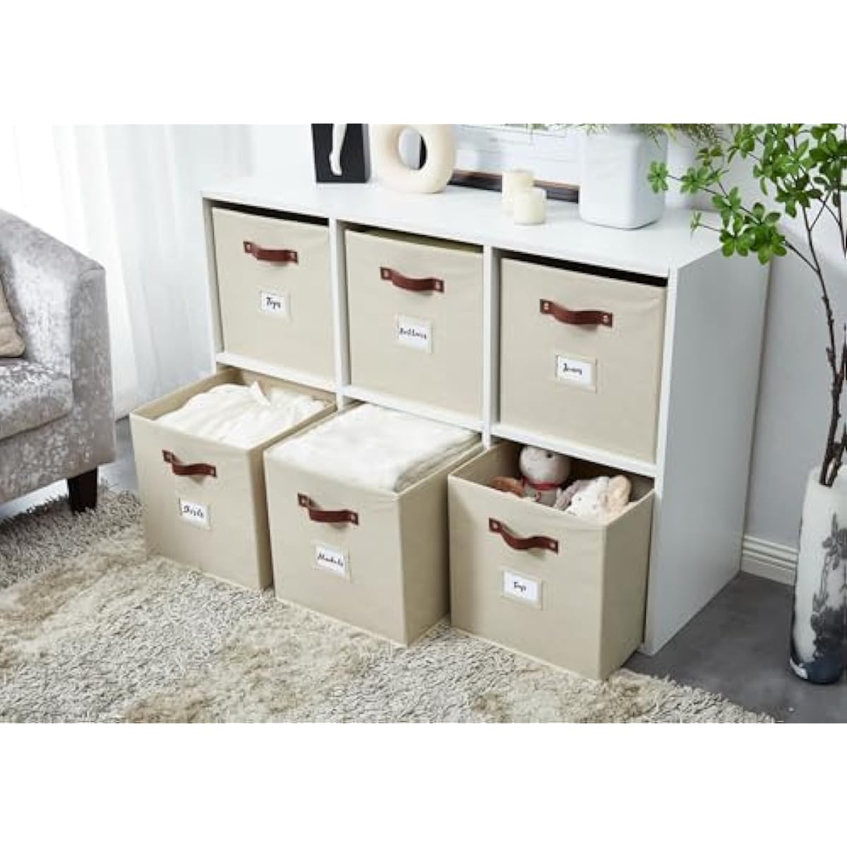 DECOMOMO Storage Bins, Cube Storage Bin with Labels, Fabric Storage Cubes for Shelves (10.5" x 11" / 6pcs, Beige)
