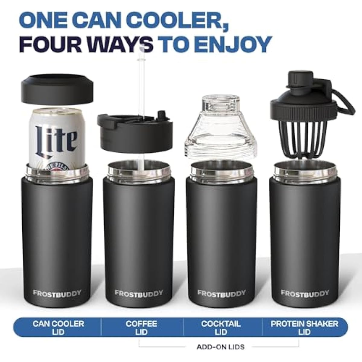 Frost Buddy Universal Can Cooler - Fits All - For Regular 12 & 16 oz or Slim-Size Bottles - Insulated Double-Walled Stainless Steel (MatteBlack)