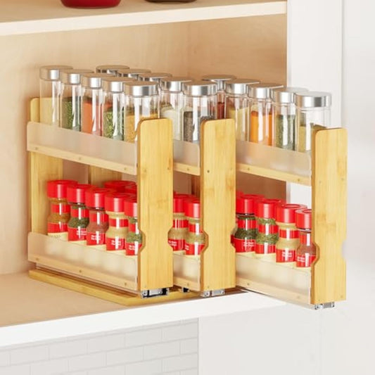 SpaceAid Bamboo Pull Out Spice Rack Organizer for Cabinet, Heavy Duty Slide Out Seasoning Kitchen Pantry Sliding Vertical Organization, 7.6" Wide, 3 Drawers(2" Wide), 2-Tier, Natural