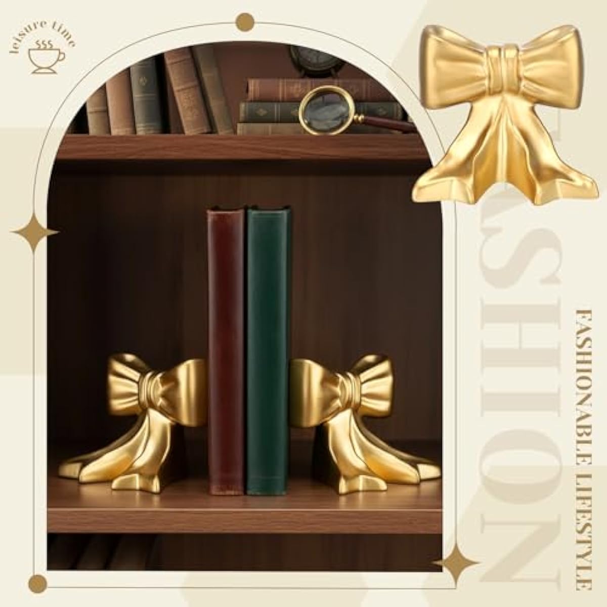 Leinuosen 2 Pcs Gold Bow Bookends Ceramic Cute Book Ends Decorative Book Stand Bow Sculpture Statues Tabletop Shelf Ornament Room Decor for Home Office School Dorm Girl Desk