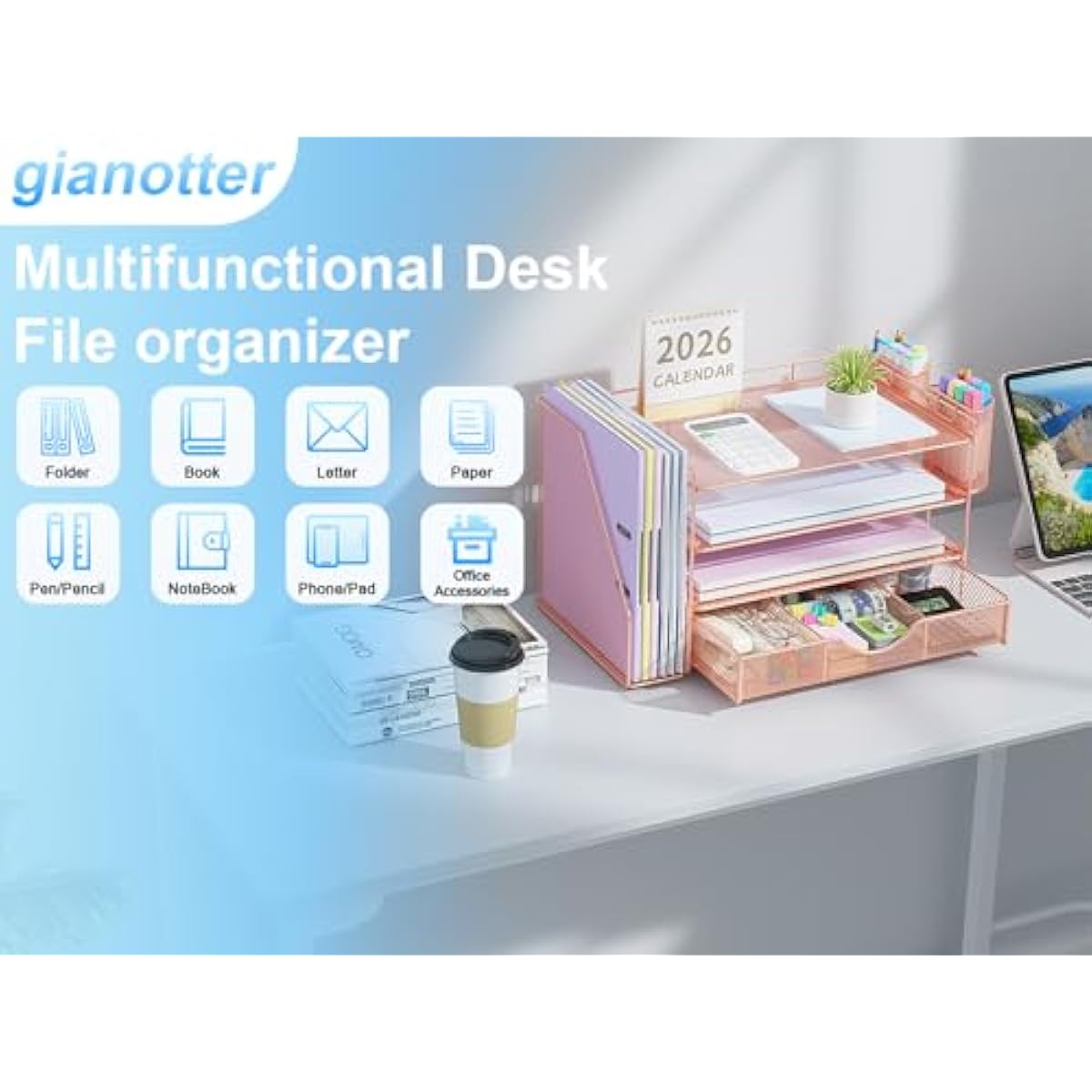 gianotter Desk Organizers and Accessories with File Holder, 4-Tier Desk Accessories & Workspace Organizers with Drawer and 2 Pen Holder, Paper Organizer for Office Supplies (Rose Gold)