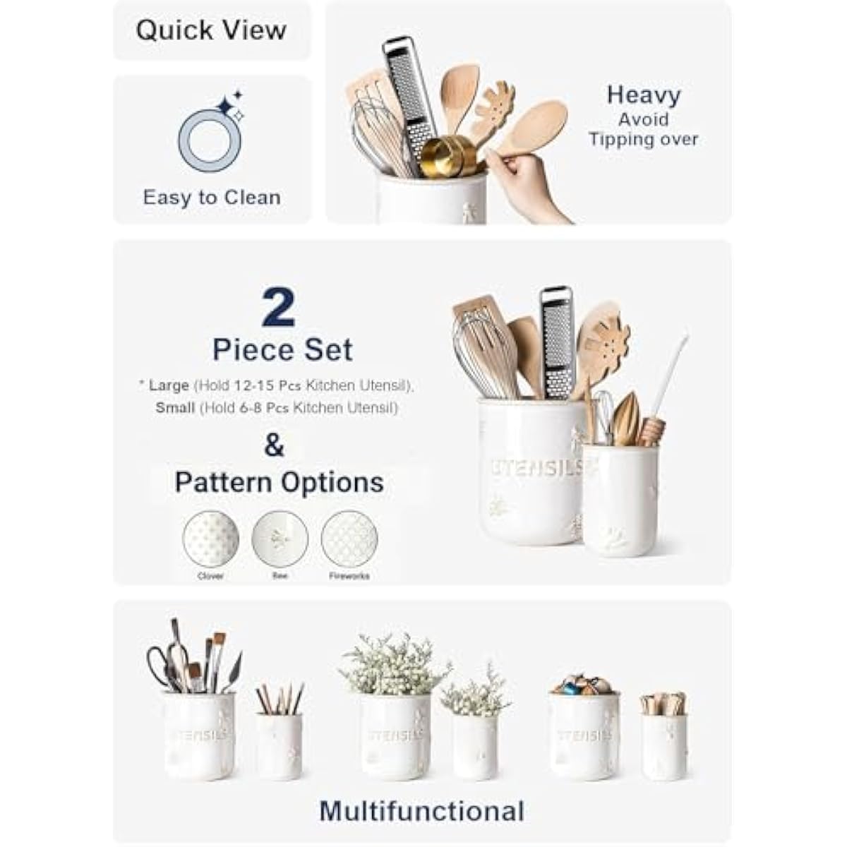 LE TAUCI Utensil Holder for Kitchen Counter - 6.9"+5.3" Ceramic Kitchen Utensil Holder Set of 2, Large Cooking Utensil Crock & Organizer for Spatula, Spoon - Embossed Kitchen Decor, White,Bee