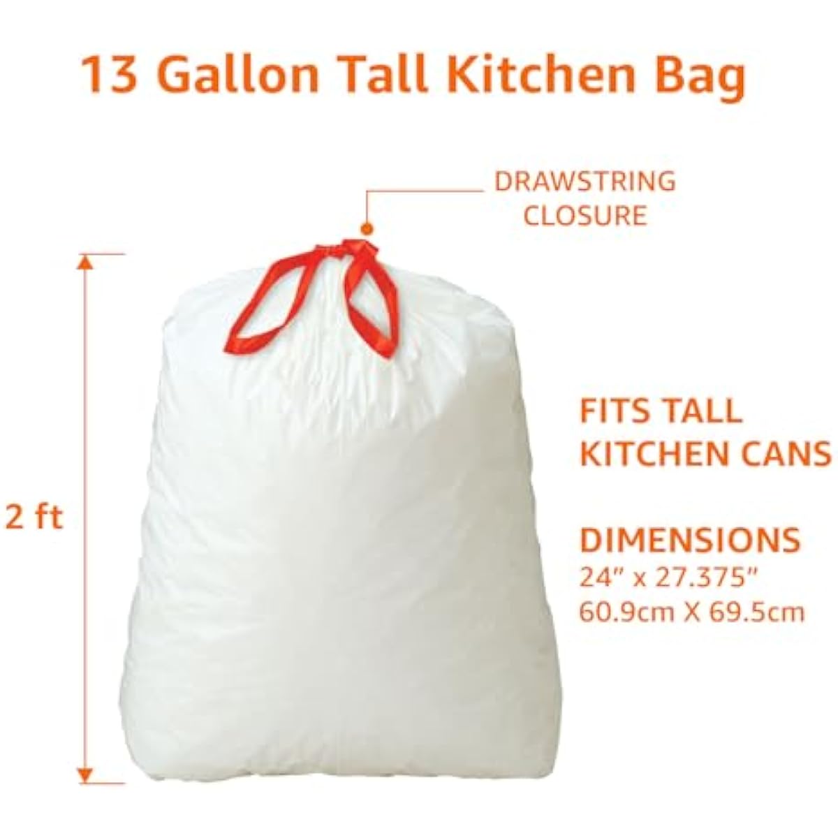 Amazon Basics Tall Kitchen Drawstring Trash Bags, Sturdy, 13 Gallon, Unscented, 200 Count