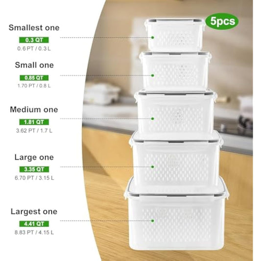 5 PCS Large Fruit Containers for Fridge - Leakproof Food Storage Containers with Removable Colander - Dishwasher & microwave safe Produce Containers Keep Fruits, Vegetables, Berry, Meat Fresh longer