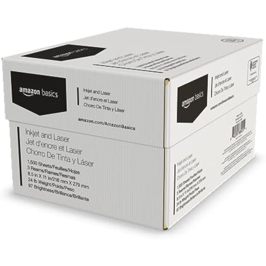 Amazon Basics Multipurpose Copy Printer Paper, 8.5 x 11 Inches, 24 lb Weight, 97 Bright White, 1500 Sheets (3 Packs of 500), for Inkjet and Laser