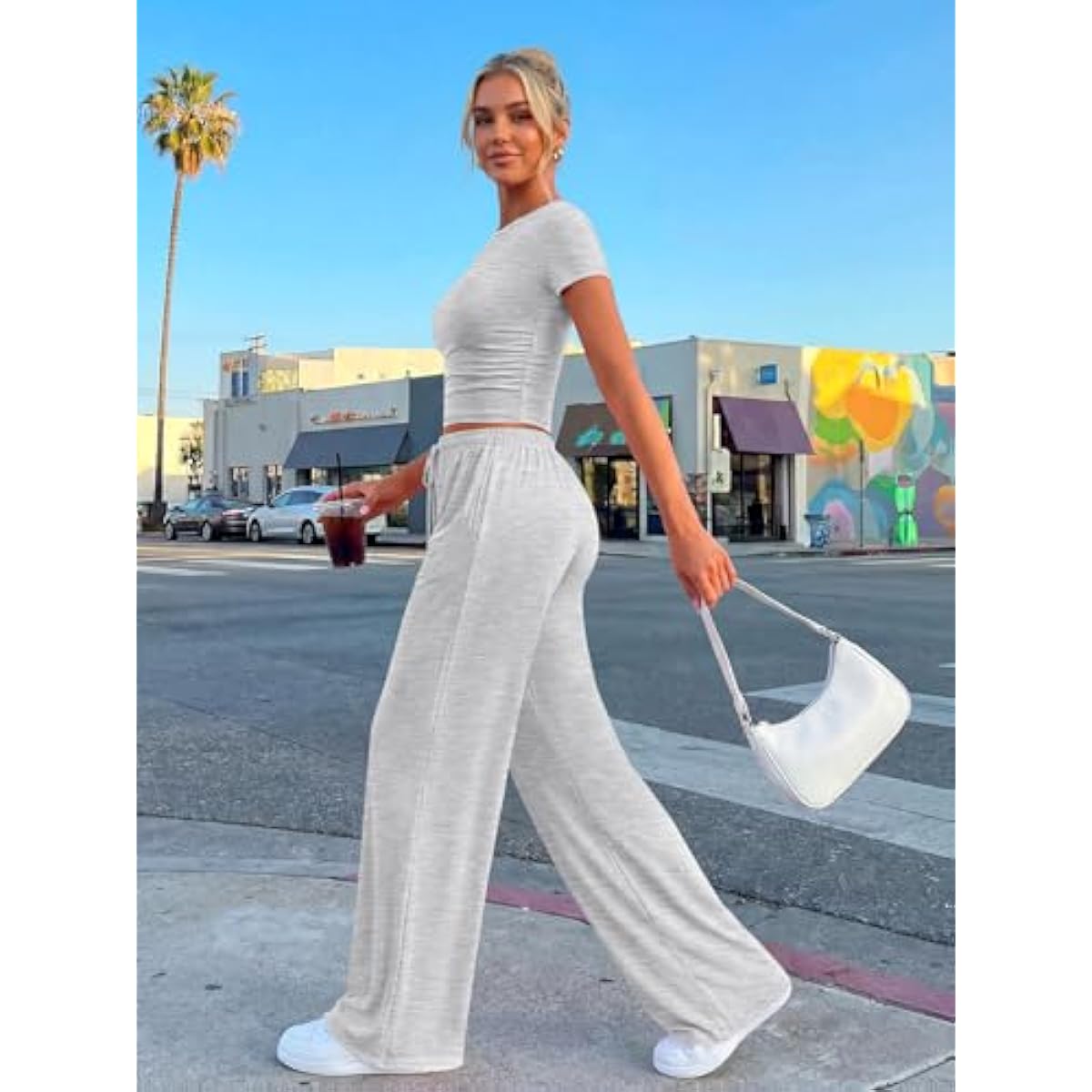 Trendy Queen 2 Piece Matching Summer Sweatsuit Lounge Set Womens Wide Leg Pants Side Ruching Crop Top Sets