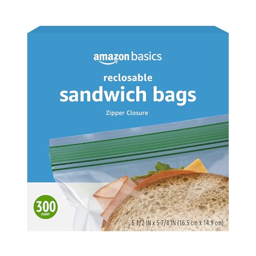 Amazon Basics Resealable Double Zipper Sandwich Storage Bags for Food Storage, 300 Count (Previously Solimo)