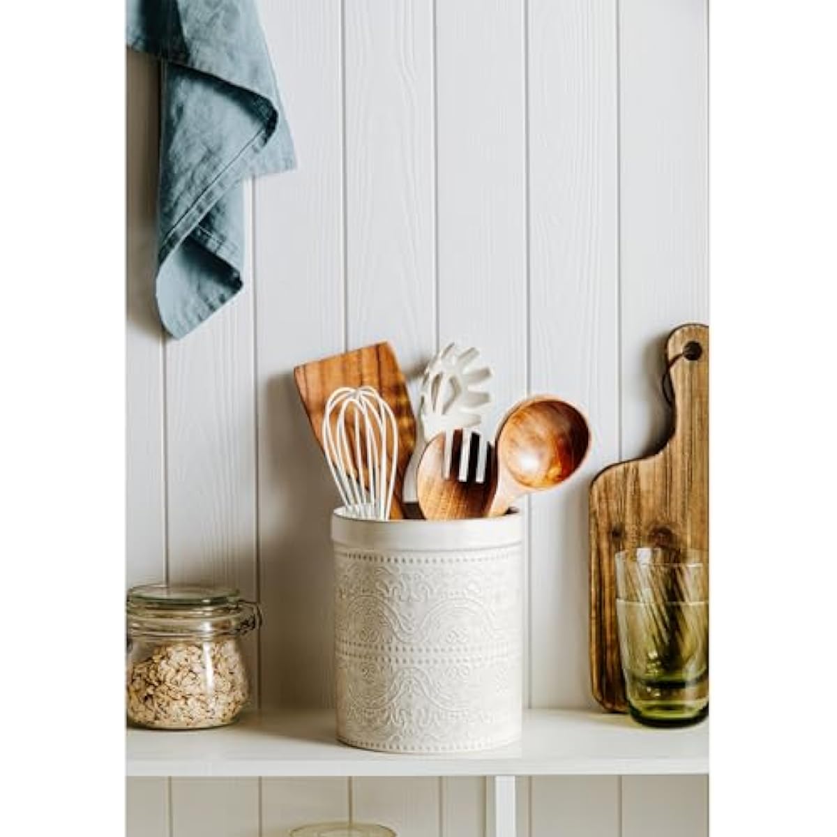 Kitchen Utensil Holder, 7 Inches Large Ceramic Utensil Holder for Countertop, Lace Emboss Cooking Utensil Crocks for Kitchen, Home Decor, Off-White
