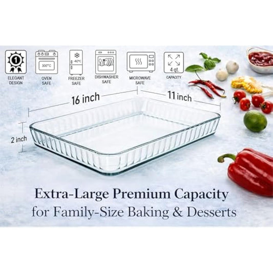 Ums 4-Qt (16" x 11" x 2") Glass Baking Dishes for Oven, Glass Oven Pan & Tray Bakeware, Borosilicate Glass Casserole Dish Cookware, Microwave & Oven-Safe Clear Bakeware