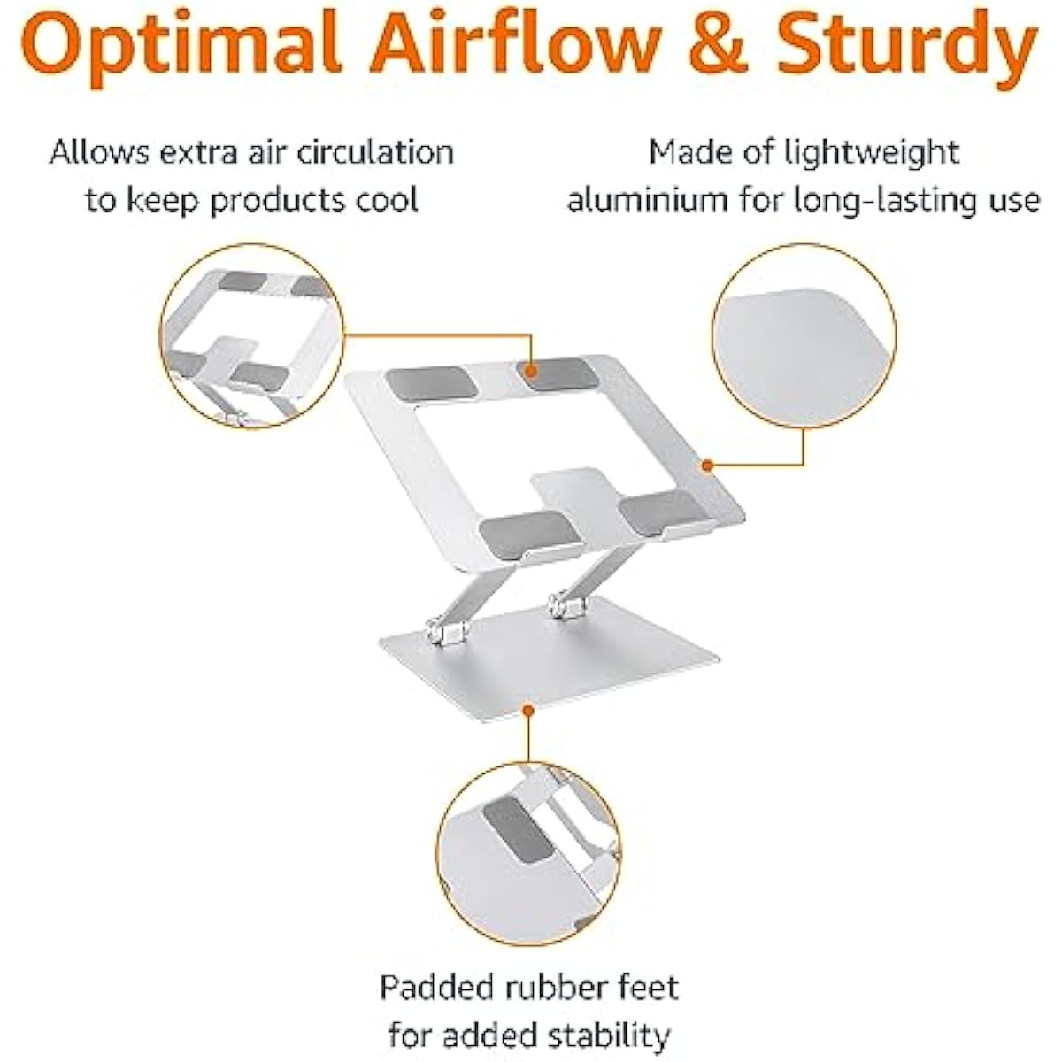 Amazon Basics Sturdy and Portable Ergonomic Laptop Stand for Desk, Height Adjustable Riser with Ventilated Cooling, Foldable, Fits all Laptops up to 17.3 Inch, Silver, 10 x 8.7 x 6 in
