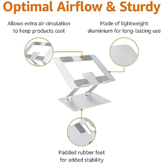 Amazon Basics Sturdy and Portable Ergonomic Laptop Stand for Desk, Height Adjustable Riser with Ventilated Cooling, Foldable, Fits all Laptops up to 17.3 Inch, Silver, 10 x 8.7 x 6 in