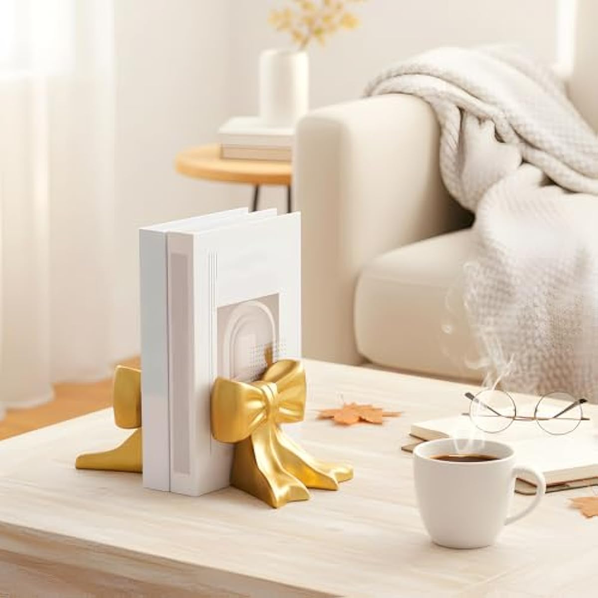 Leinuosen 2 Pcs Gold Bow Bookends Ceramic Cute Book Ends Decorative Book Stand Bow Sculpture Statues Tabletop Shelf Ornament Room Decor for Home Office School Dorm Girl Desk