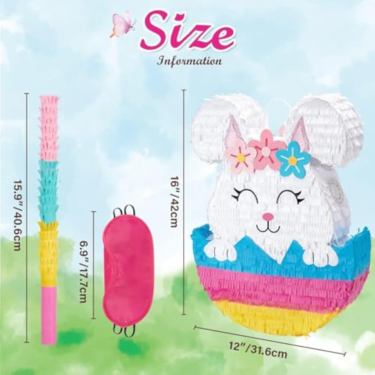 WERNNSAI Easter Bunny Piñata - Easter Rabbit Piñata Spring Pinata with Blindfold and Stick for Birthday Party Decoration Baby Shower School Activities Game Spring Party Game