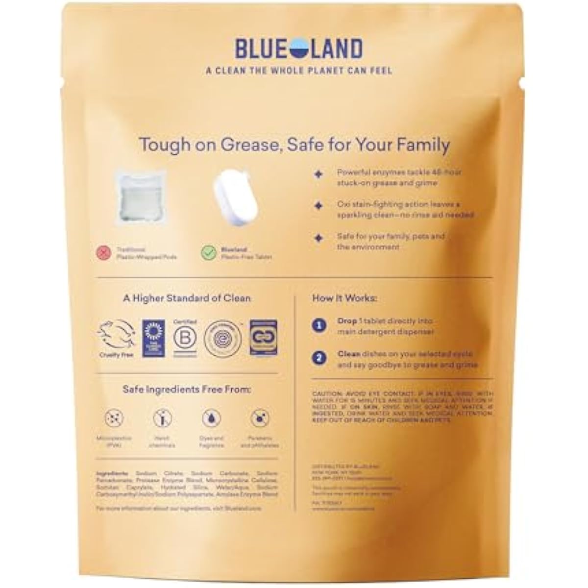 BLUELAND 100% Plastic-Free Dishwasher Detergent Tablets, 60 Count, Free & Clear, Eco-Friendly Dishwashing Pods, Natural, USDA Certified biobased