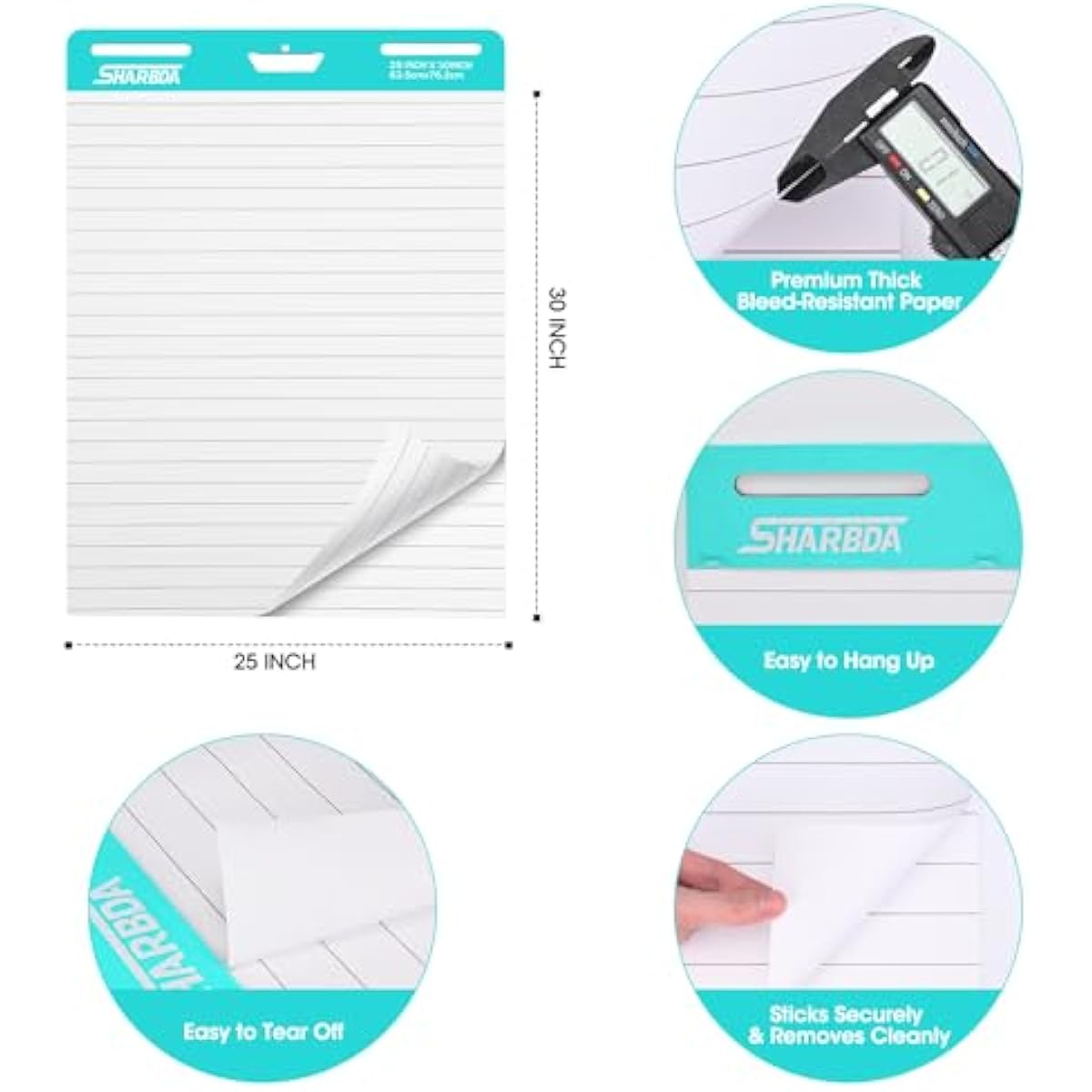 Lined Sticky Easel Pad, 25 in x 30 in,Flip Chart Paper,Sticky Chart Paper for Teachers, Large Self-Stick Easel Paper,Super Sticky & Bleed-Resistant,30 Sheets/Pad,2 Pads