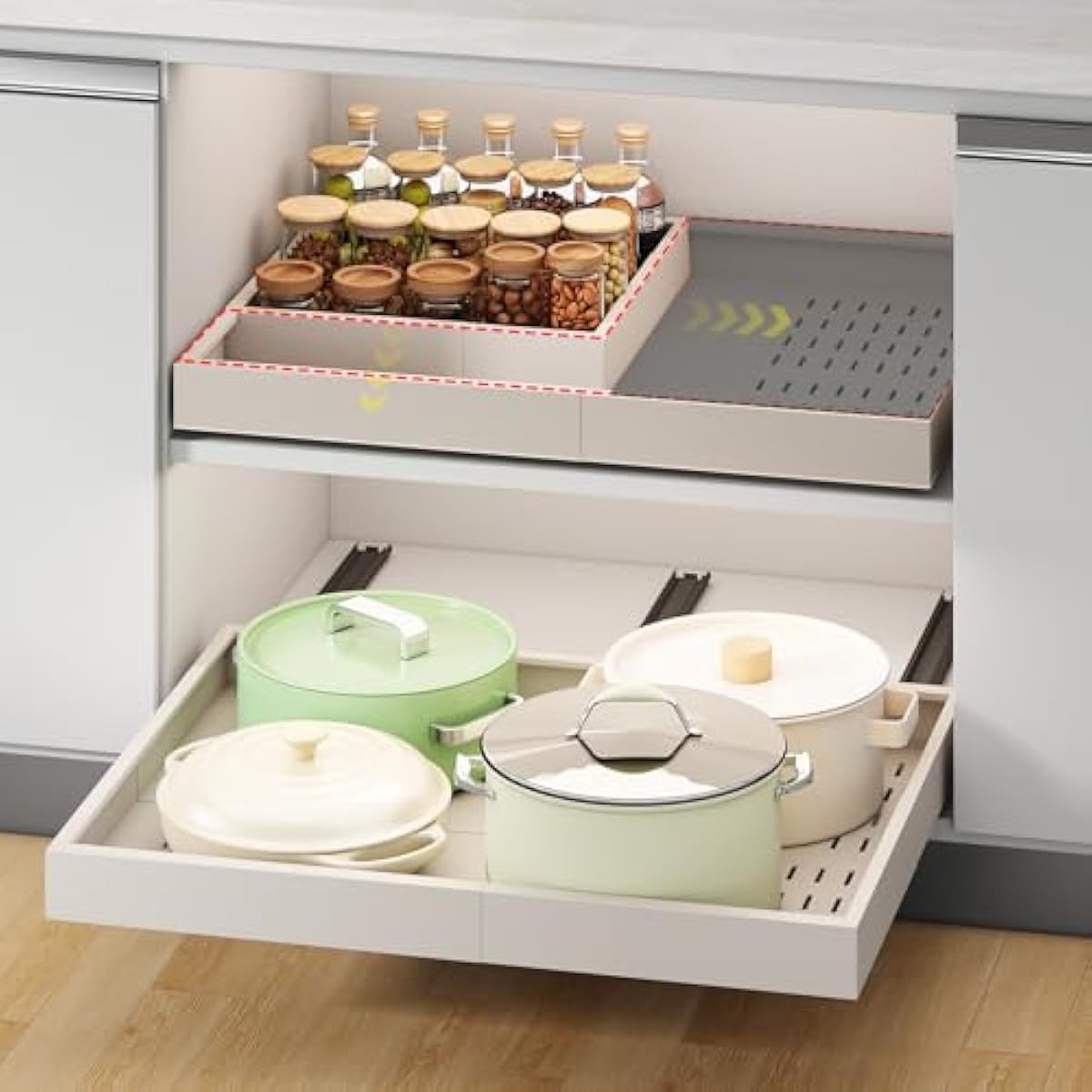Pull out Cabinet Organizer,Width (14"-21") and Depth (17"-24") Expandable With 3 Rails,No Drill Adjustable Slide out Drawers for Kitchen,Pantry,Adhesive Roll out Shelves,for Cabinets Without Lip,White