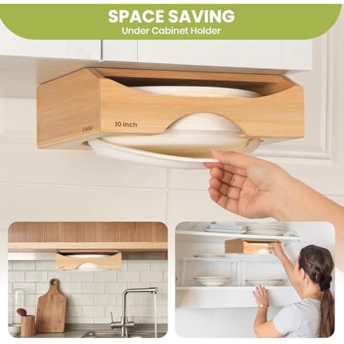 10-inch Paper Plate Dispenser Under Cabinet, Bamboo Paper Plate Holders, Kitchen Counter Vertical Plate Dispensers Holders Countertop Caddy(For 10-inch Plates, Bamboo)