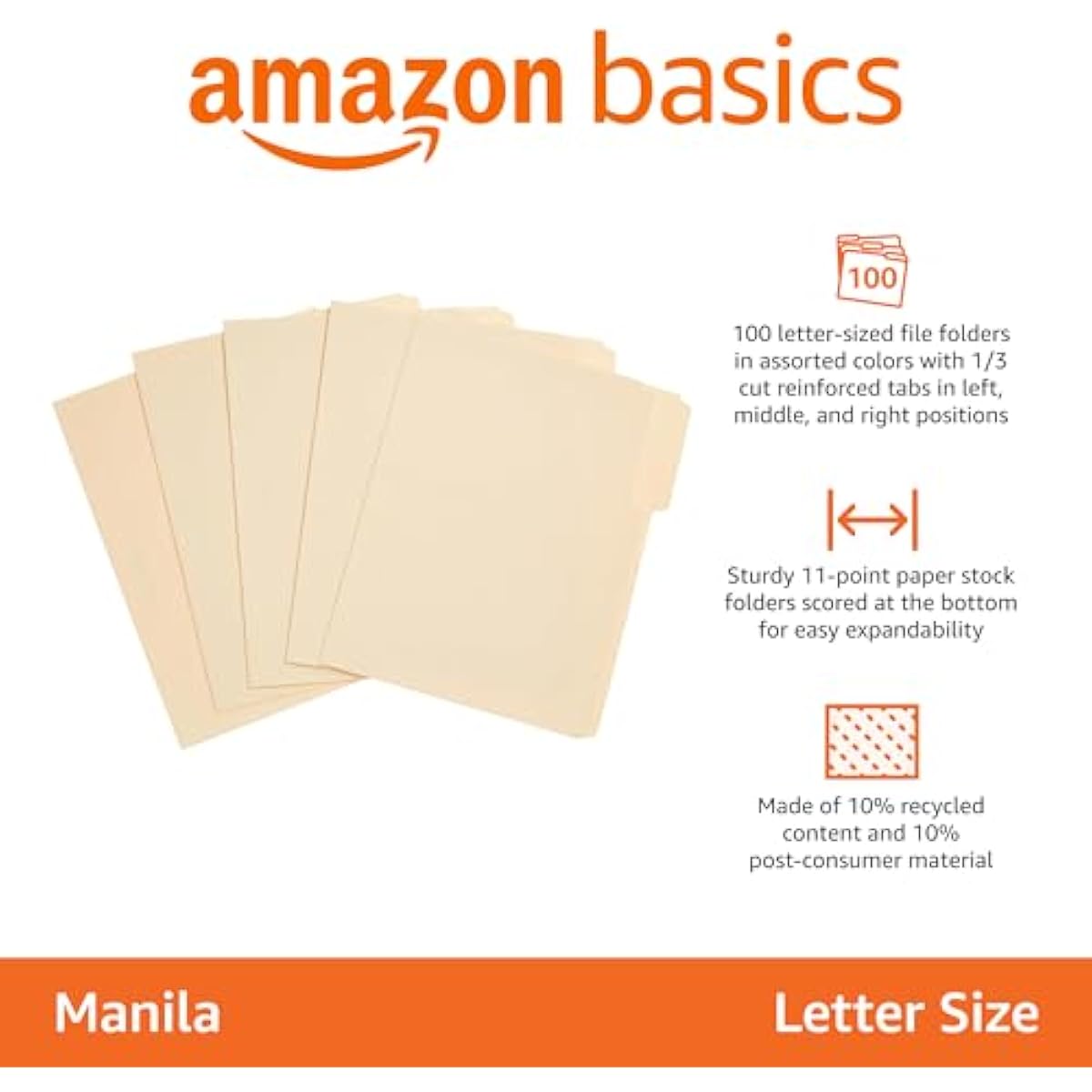 Amazon Basics Sturdy File Folders with Reinforced Tabs for Filing and Organization, 1/3-Cut Tab, Assorted Positions, Letter Size, 8.5x11 inches, Manila, 100-Pack