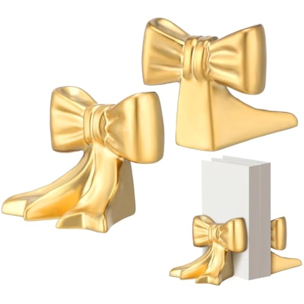 Leinuosen 2 Pcs Gold Bow Bookends Ceramic Cute Book Ends Decorative Book Stand Bow Sculpture Statues Tabletop Shelf Ornament Room Decor for Home Office School Dorm Girl Desk