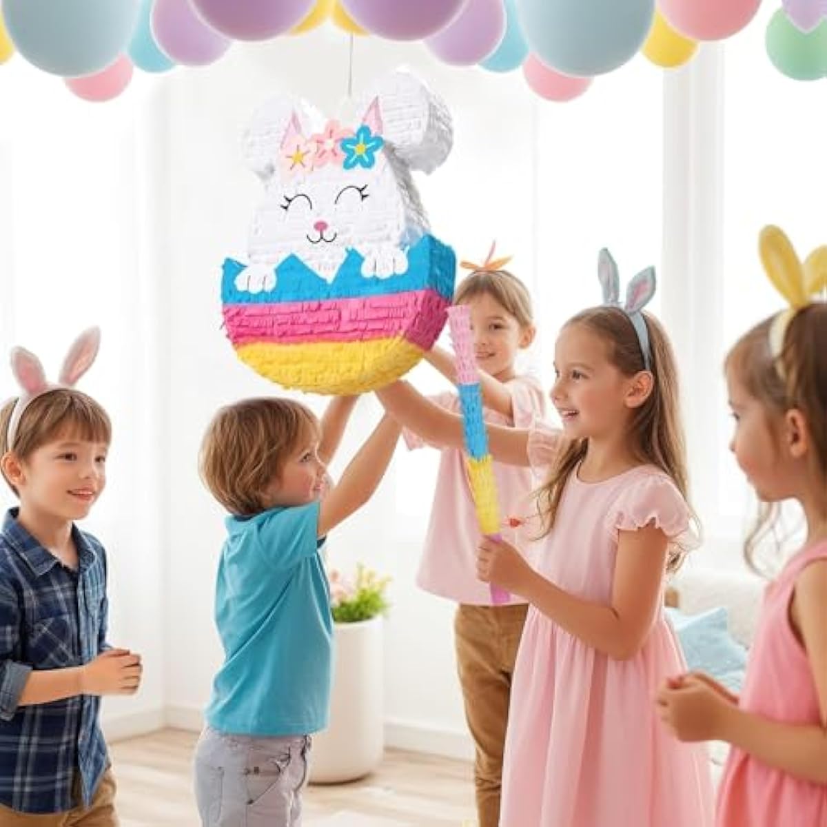 WERNNSAI Easter Bunny Piñata - Easter Rabbit Piñata Spring Pinata with Blindfold and Stick for Birthday Party Decoration Baby Shower School Activities Game Spring Party Game