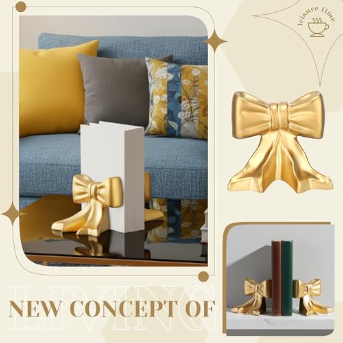 Leinuosen 2 Pcs Gold Bow Bookends Ceramic Cute Book Ends Decorative Book Stand Bow Sculpture Statues Tabletop Shelf Ornament Room Decor for Home Office School Dorm Girl Desk