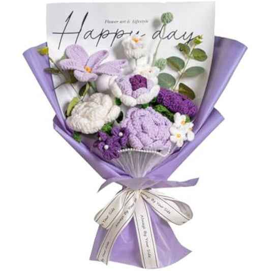 Completed Purple Crochet Flowers Bouquet, Handmade Knitted Bouquet, Crochet Artificial Flowers for Mother's Day Birthday, Wedding Home Decor, Gifts for Mom (Purple Tulip)