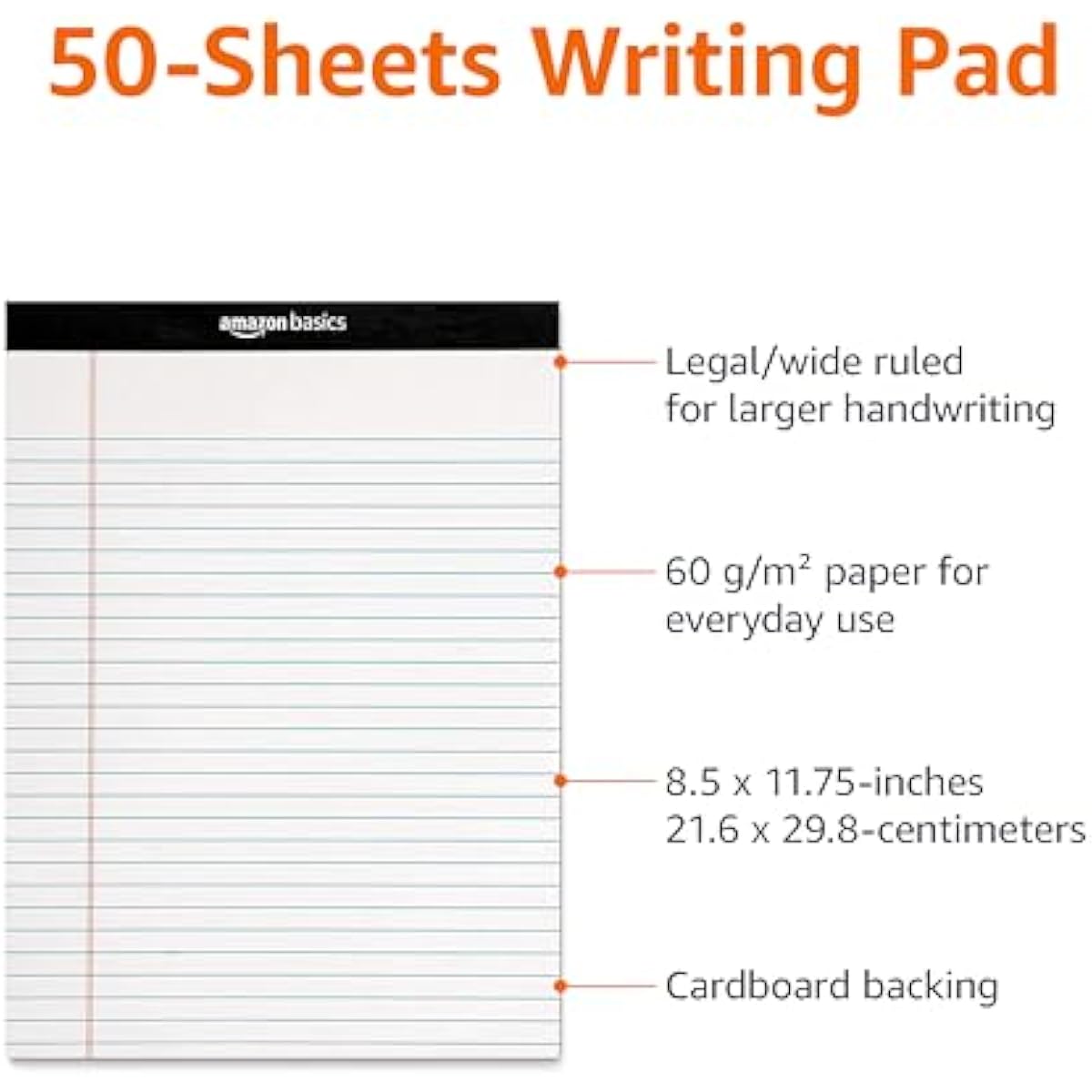 Amazon Basics Wide Ruled Lined Writing Note Pads for Office Supplies, 8.5" x 11.75", White, 12-Pack of 50 Perforated Sheets