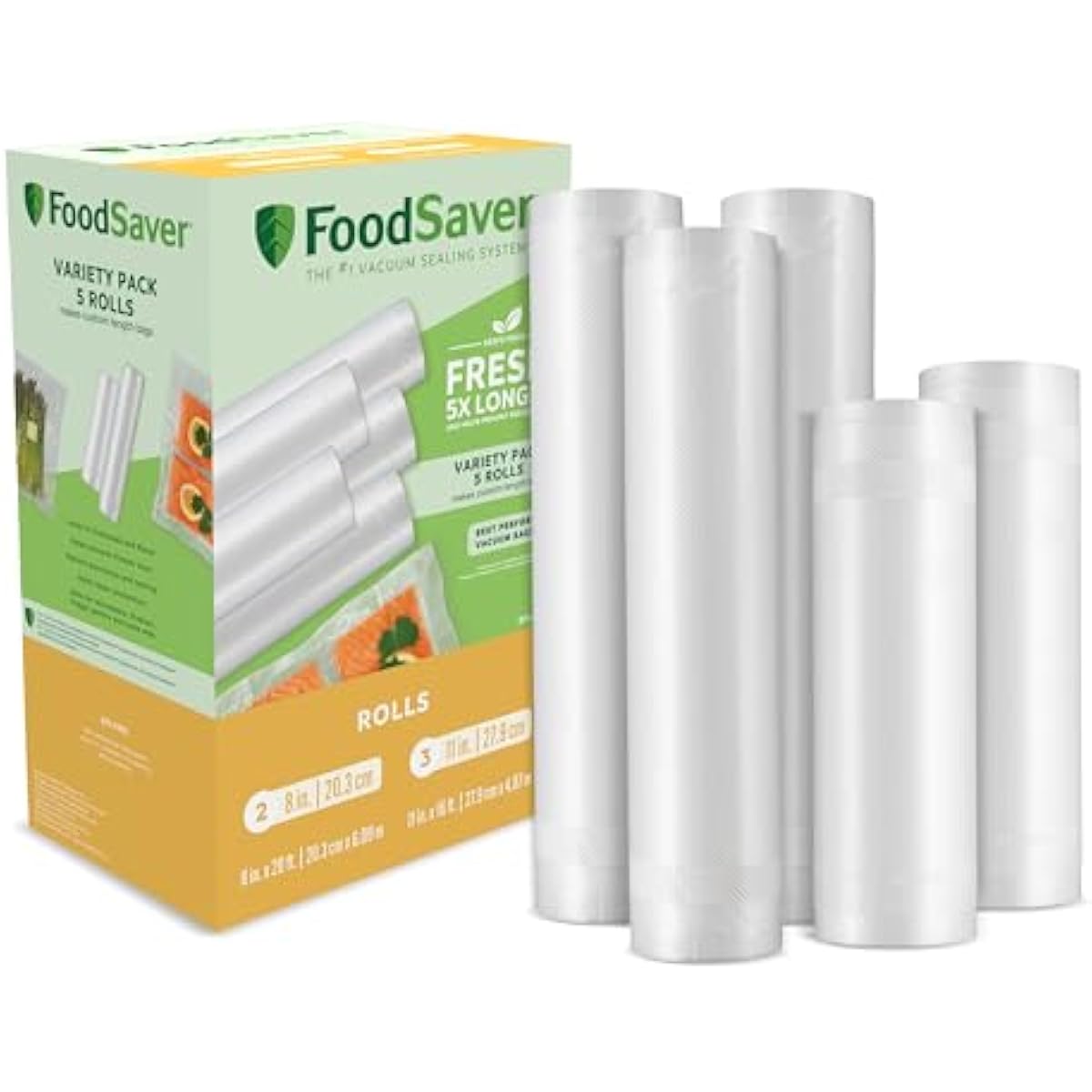 FoodSaver Custom Length Vacuum Sealer Bags Multipack, 5 Count Rolls for Airtight Food Storage and Sous Vide - Compatible with FoodSaver, 8 (2 Pack) and 11 (3 Pack)