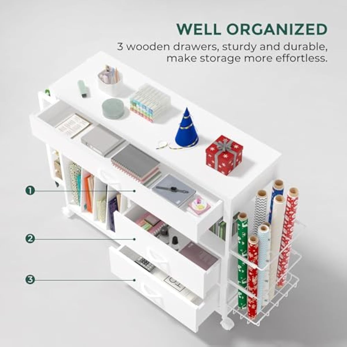 Wrapping Paper Storage & Organizer, Craft Cart with Ribbon & Gift Bag Storage, Wrapping Paper Organizer Holder(3 Wooden Drawers-White)