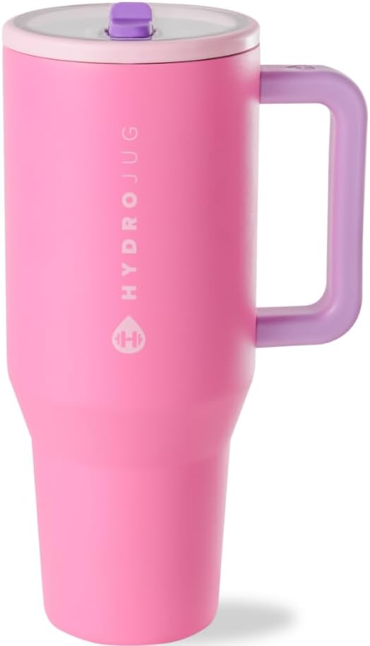 HydroJug Traveler - 32 oz Water Bottle with Handle & Flip Straw - Fits in Cup Holder, Leak Resistant Tumbler-Reusable Insulated Stainless Steel & Rubber Base - Gifts for Women & Men, Pink Sand