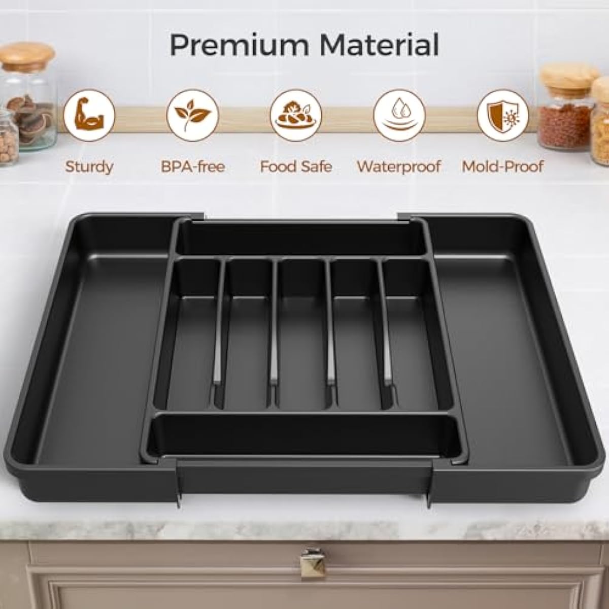 Extra Large Expandable Silverware Organizer, BPA-Free Food-Safe Cutlery Flatware Organizer, Kitchen Utensil Drawer Organizer, Adjustable Silverware Holder for Spoons Forks Knives, Black