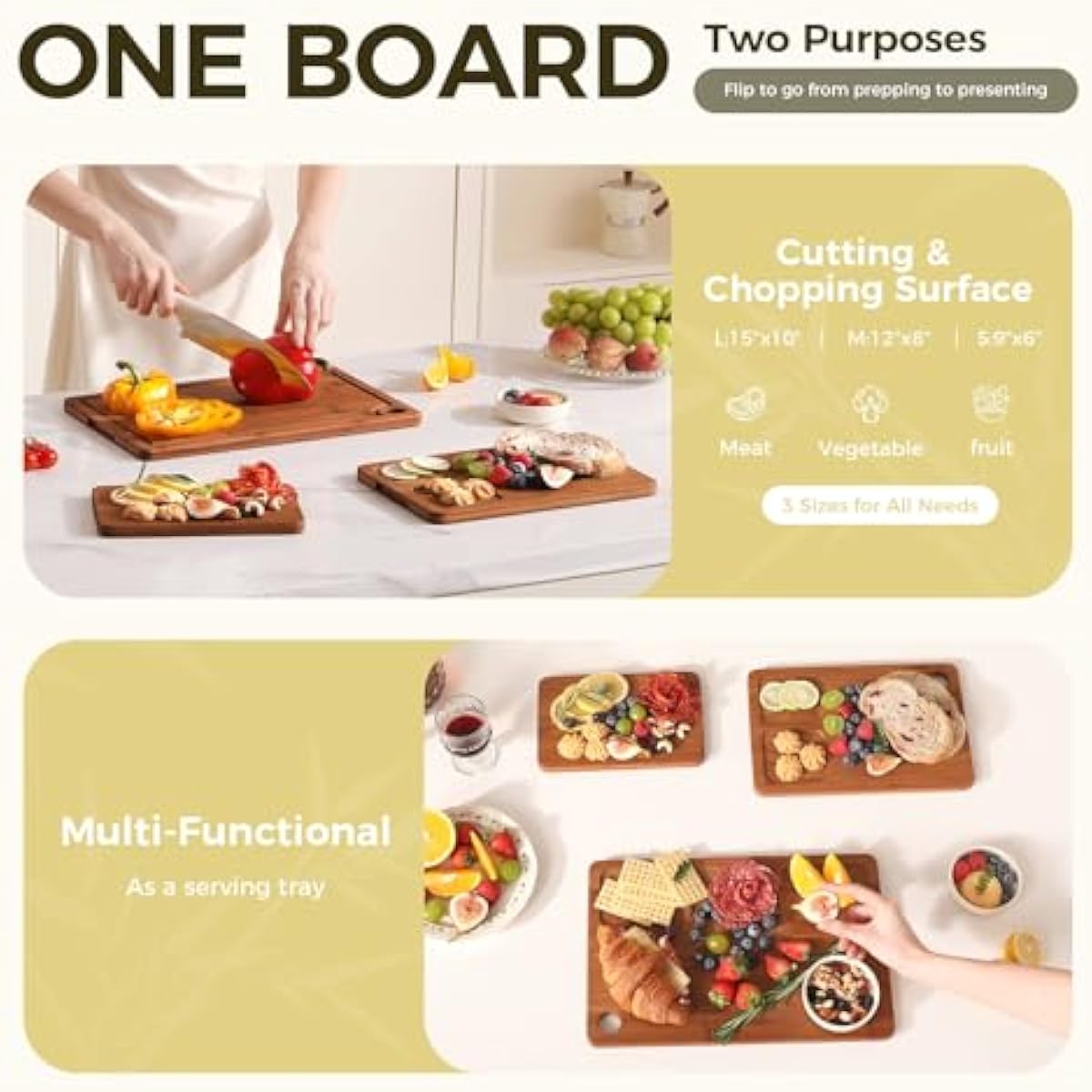 Bamboo Cutting Board for Kitchen – 3-Piece Wooden Boards with Juice Grooves, Side Handles, Non-Slip Mats – Perfect for Meat, Veggies Fruit,Cutting Board & Knife Sets – Ideal Kitchen Gift