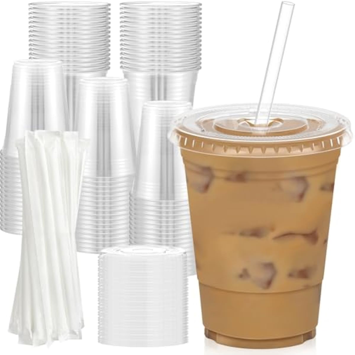 100 Pack 16 oz Clear Plastic Cups with Lids & Straws – Sturdy, Food-Safe Disposable Cups for Iced Coffee, Smoothies & Cold Drinks