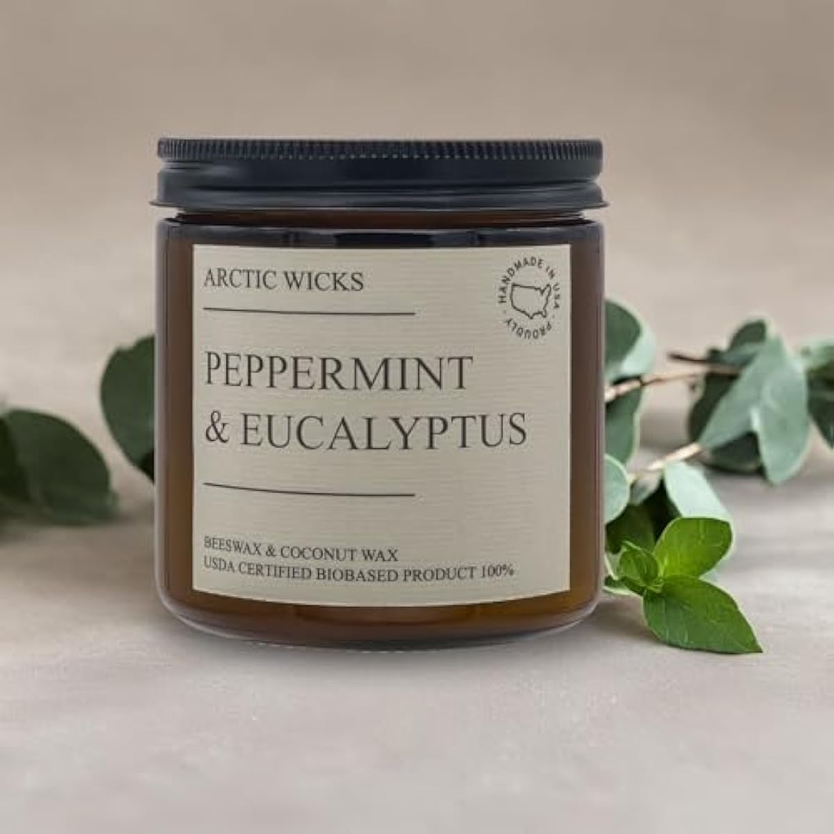 Peppermint & Eucalyptus Candle | Arctic Wicks Non Toxic Coconut Beeswax Candles | Natural Coconut Beeswax 16oz Amber Jar | Spa Wellness Candles Wax Non-Toxic Clean Burn 100% USDA Certified Biobased