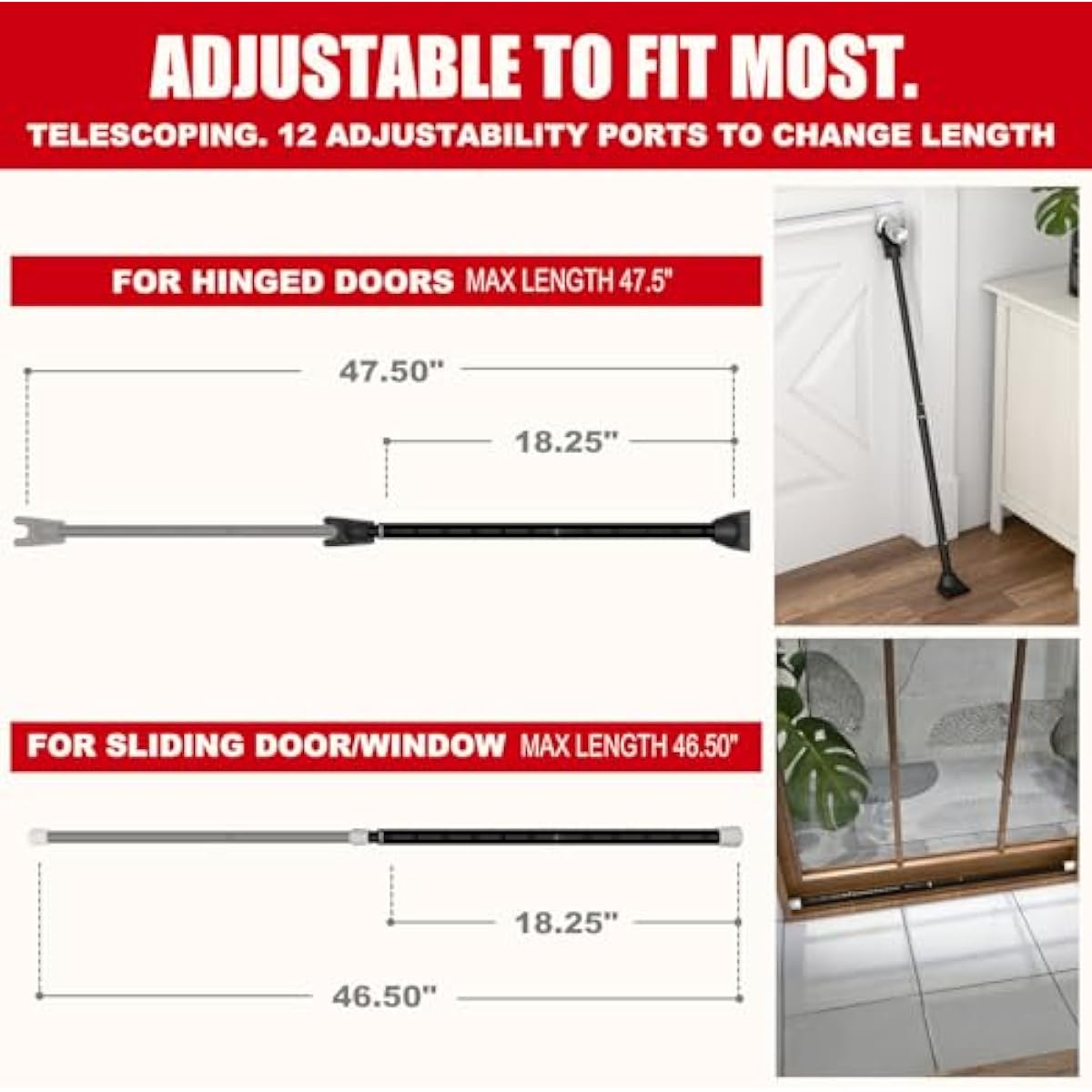 SECURITYMAN 2-in-1 Door Security Bar & Sliding Patio Door Security Bar (2 Pack) via Interchangeable Caps - Heavy Duty Iron Construction Door Stoppers Lock for Home, Apartment, Travel Hotel - Black