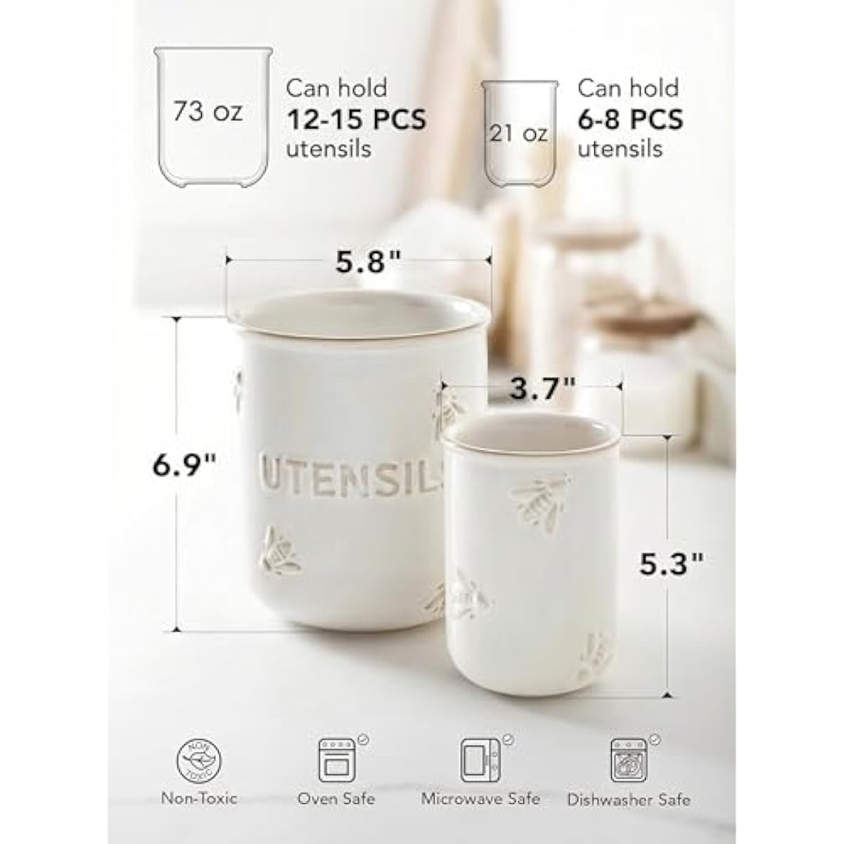 LE TAUCI Utensil Holder for Kitchen Counter - 6.9"+5.3" Ceramic Kitchen Utensil Holder Set of 2, Large Cooking Utensil Crock & Organizer for Spatula, Spoon - Embossed Kitchen Decor, White,Bee