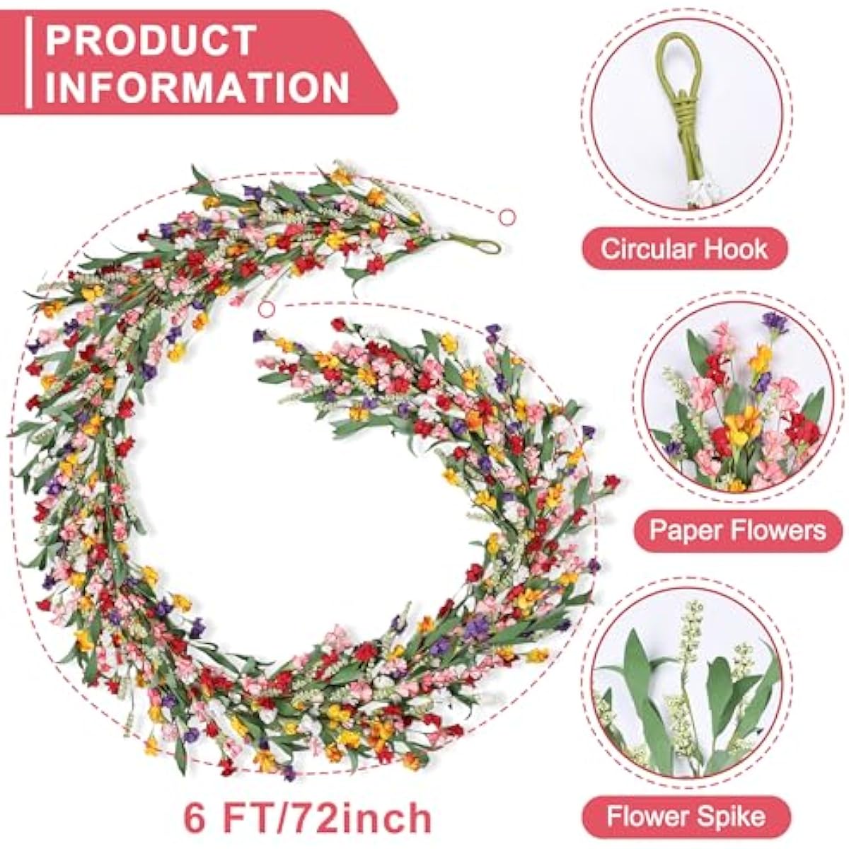 6ft Spring Flower Garland for Mantle Decor: Artificial Floral Vine with Greenery for Wedding Arch, Fireplace, Table & Wall, All Season Home Decor for Summer, Easter, Mother's Day (Yellow+Pink)