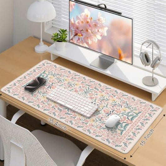 iCasso Pink Floral Desk Mat, Desk Pad, XXL Large Mouse Pad, Anti-Slip Big Mousepad with Stitched Edges, Computer Mouse Pads for Desktop Decor, Cute Office Desk Accessories for Women(Pink)