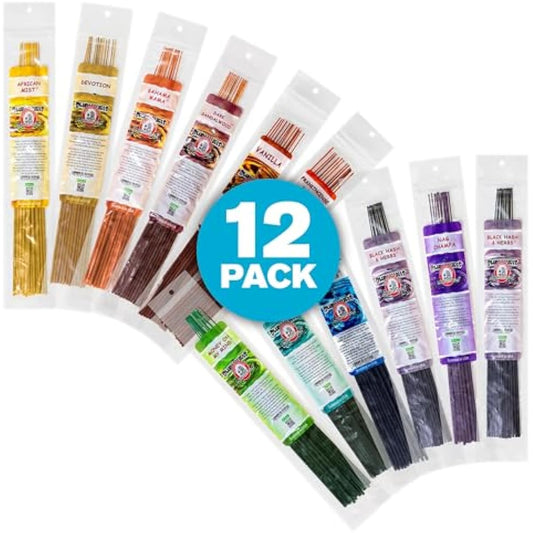 Blunteffects Hand-Dipped Incense Sticks - Premium 144-Pack Variety Set, 12 Different Scents, 11" Long, USA-Made Aromatherapy with Long Burn Time (12 Pack, 144 Total Sticks)