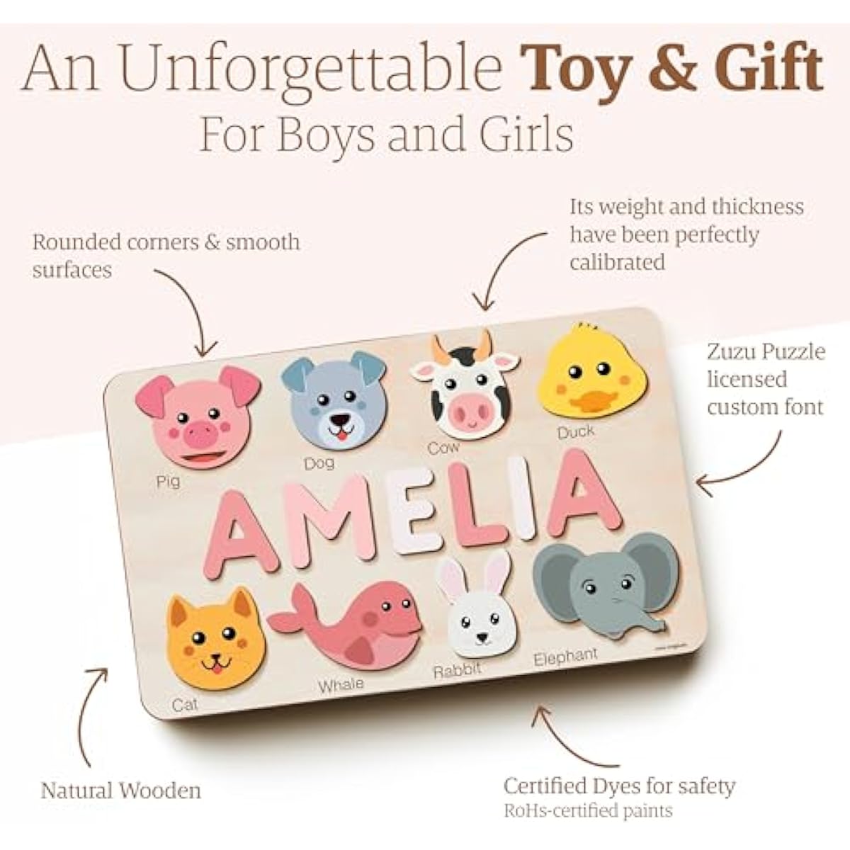 Personalized Name Puzzle for Toddlers 1-3 | Safari, Farm & 12 Themes | Handmade Wooden Montessori Toy, Keepsake Nursery Decor & Perfect 1st Birthday Gift for Boy Girl