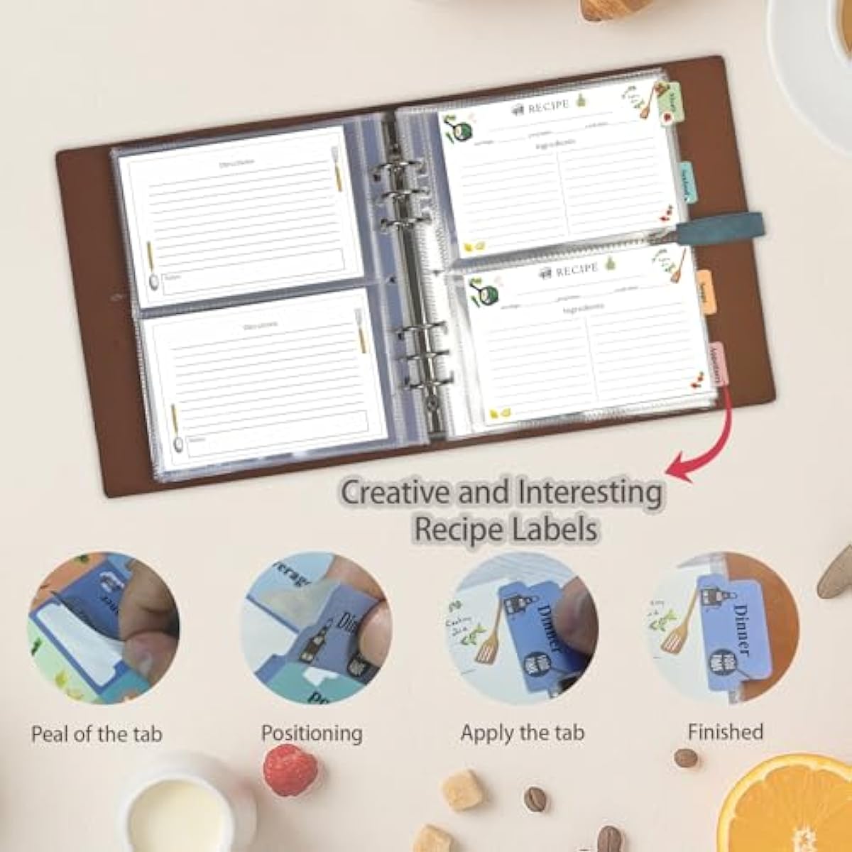 Recipe Binder, Recipe Book Binder with Plastic Sleeves, Blank Recipe Card Book to Write in Your Own Recipes (4" x 6" Recipe Cards & Category Tab) (Light Brown)
