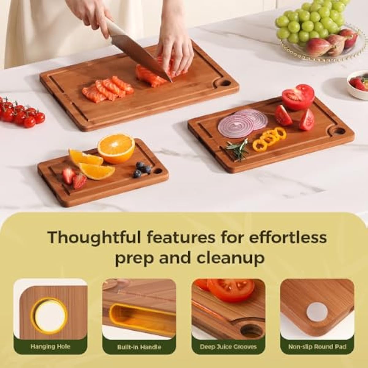 Bamboo Cutting Board for Kitchen – 3-Piece Wooden Boards with Juice Grooves, Side Handles, Non-Slip Mats – Perfect for Meat, Veggies Fruit,Cutting Board & Knife Sets – Ideal Kitchen Gift