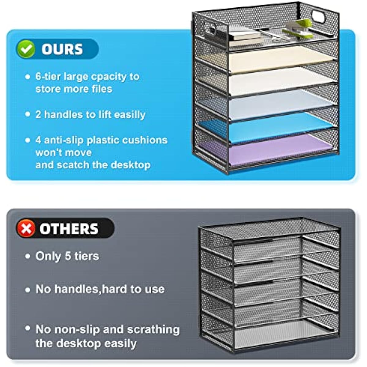 Marbrasse 6 Tier Paper Organizer Letter Tray - Mesh Desk File Organizer with Handle, Paper Sorter Organizer for Letter/A4 Office File Folder Holder - Black