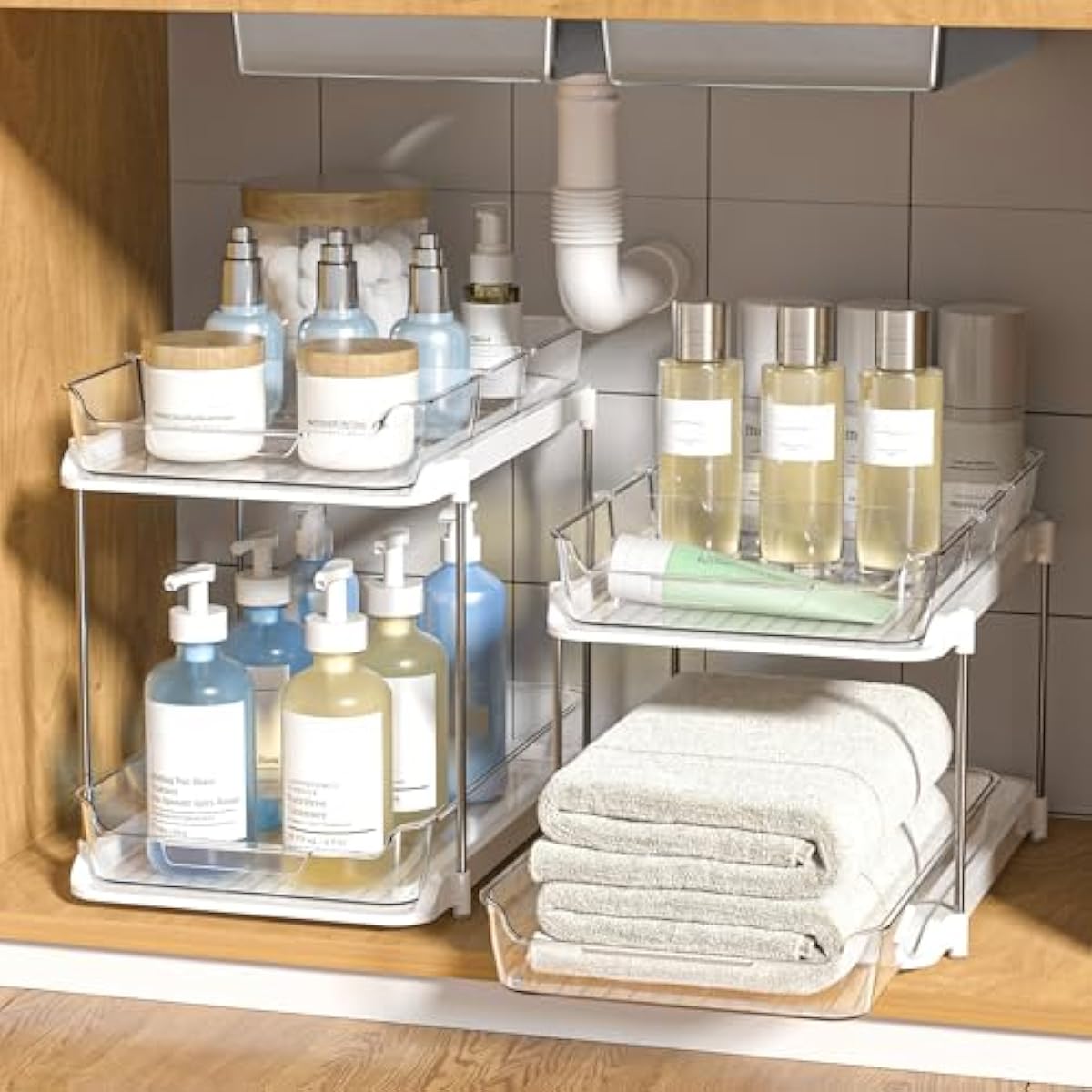 Delamu 2-Tier Multi-Purpose Bathroom Under Sink Organizers and Storage, Stackable Kitchen Pantry Organization, Pull Out Medicine Cabinet Organizer with Movable Dividers, White, 2 Pack