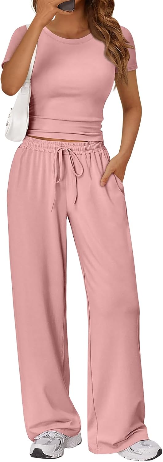 Trendy Queen 2 Piece Matching Summer Sweatsuit Lounge Set Womens Wide Leg Pants Side Ruching Crop Top Sets