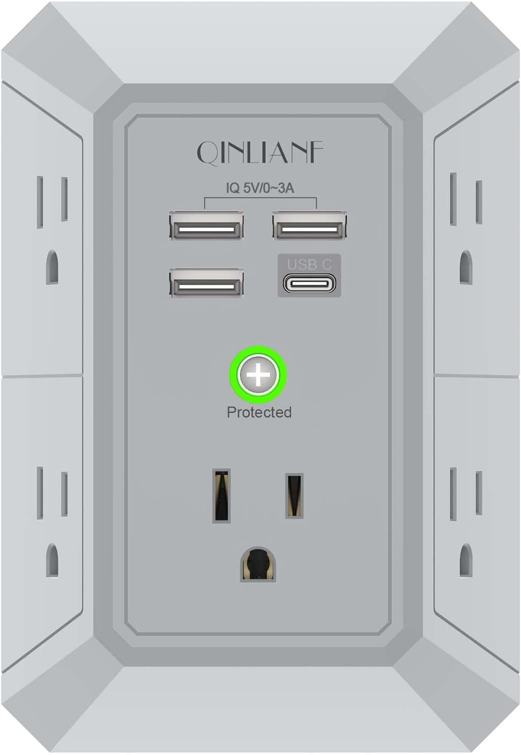 Wall Charger, Surge Protector, QINLIANF 5 Outlet Extender with 4 USB Charging Ports, 3-Sided 1680J Power Strip Multi Plug Adapter Spaced for Home Travel Office