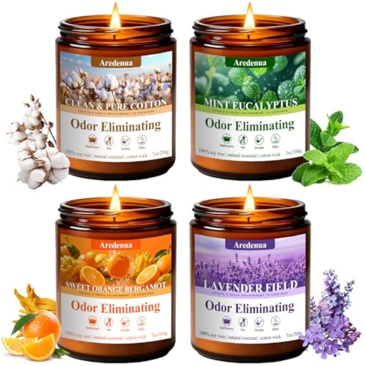 4 Pack Odor Eliminating Candles Set - Eliminates 95% of Pet, Smoke, Food & Other Smells - Hand Poured Non-Toxic Soy Candle, Air Freshing Scent of Lavender/Orange/Mint/Cotton - Gifts Set for Women