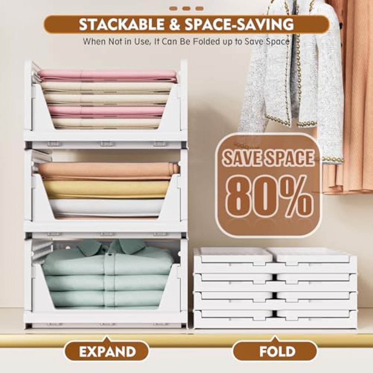 SNSLXH 5 Pack Stackable Closet Storage Basket, Multifunctional & Foldable Closet Organizer for Bathroom Kitchen Laundry Room Wardrobe Storage, Space-Saving Clothes Storage Drawer Organizer, White